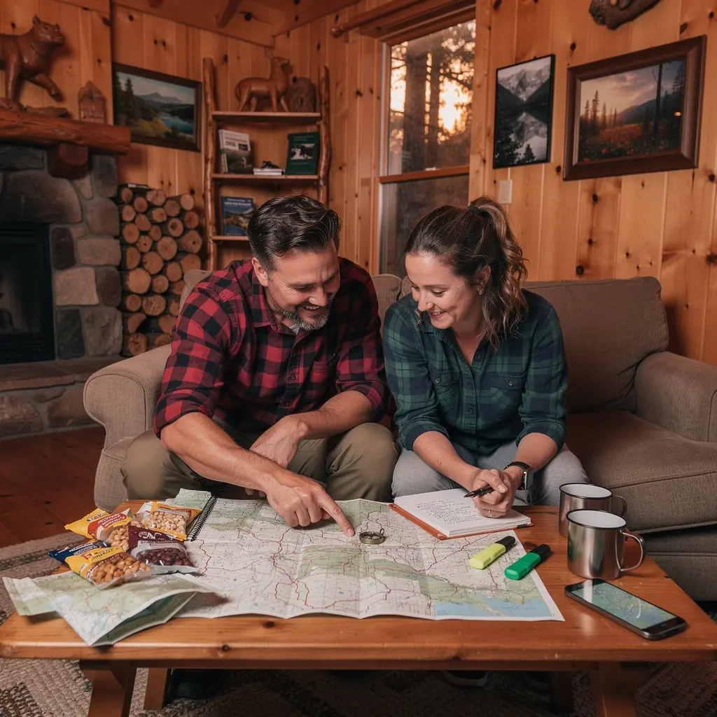 Osoba przeglądająca notatki dotyczące trasy w malowniczym otoczeniu.